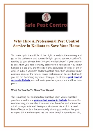 Why Hire A Professional Pest Control Service in Kolkata to Save Your Home