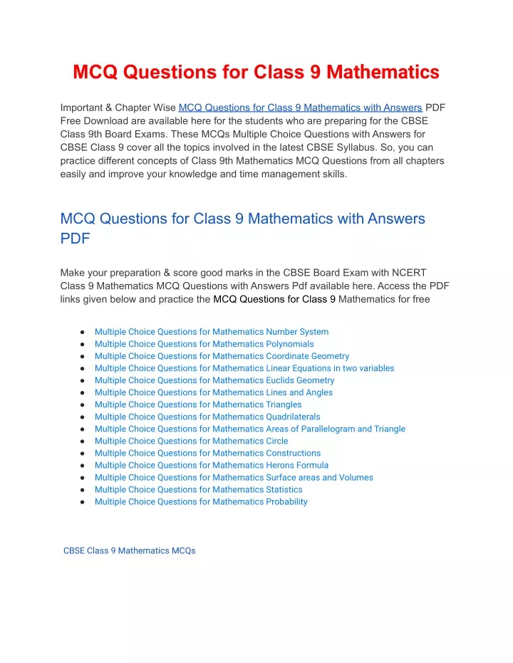 mcq questions for class 9 mathematics
