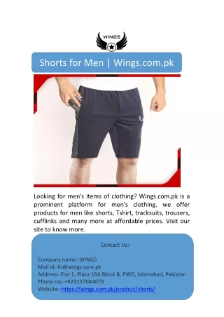 Shorts for Men | Wings.com.pk