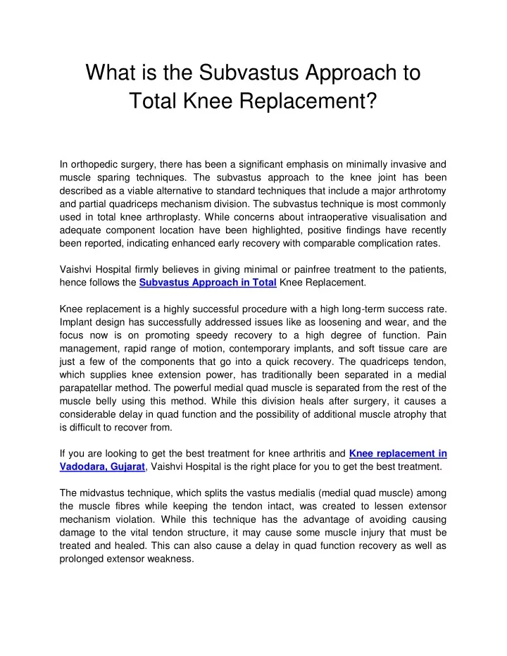 what is the subvastus approach to total knee