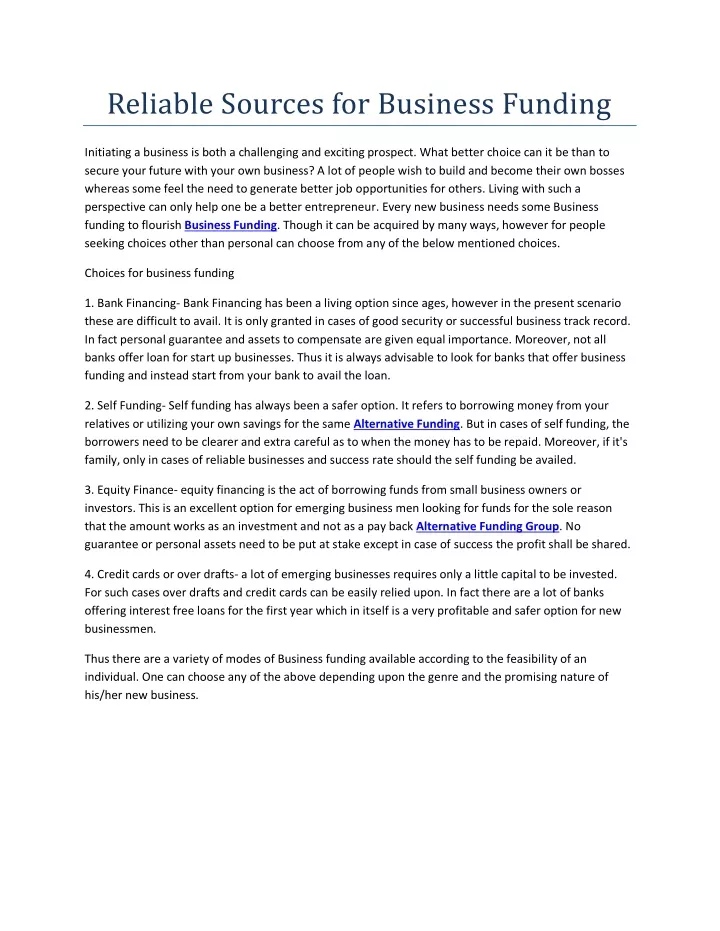 reliable sources for business funding