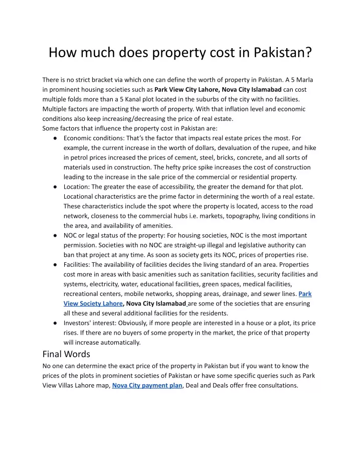 how much does property cost in pakistan