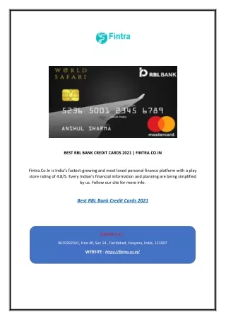 BEST RBL BANK CREDIT CARDS 2021 | FINTRA.CO.IN