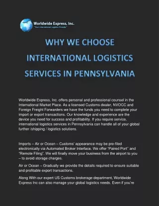 WHY WE CHOOSE INTERNATIONAL LOGISTICS SERVICES IN PENNSYLVANIA
