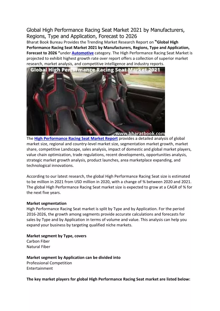 global high performance racing seat market 2021