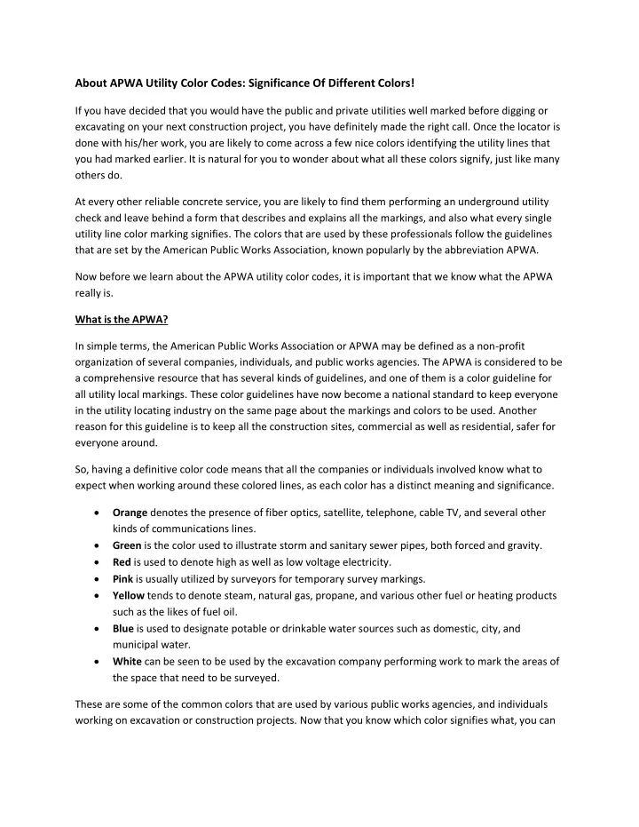 about apwa utility color codes significance