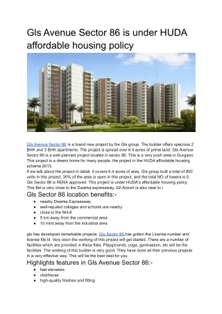 Gls Avenue Sector 86 is under HUDA affordable housing policy