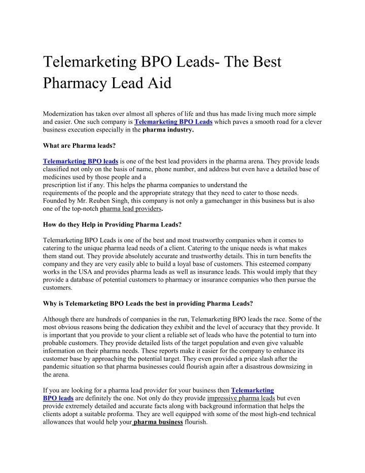 telemarketing bpo leads the best pharmacy lead aid