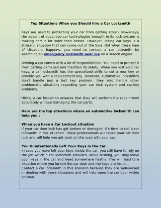 Top Situations When you Should hire a Car Locksmith