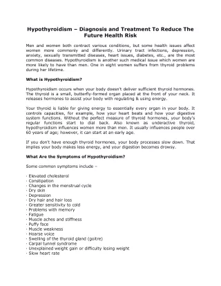 Hypothyroidism – Diagnosis & Treatment to Reduce the Future Health Risk