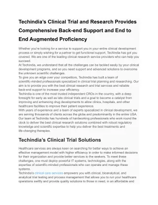 Techindia’s Clinical Trial and Research Provides Comprehensive Back-end Support
