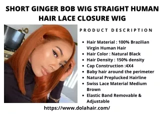 SHORT GINGER BOB WIG STRAIGHT HUMAN HAIR LACE CLOSURE WIG