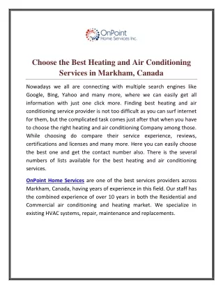 Choose the Best Heating and Air Conditioning Services in Markham, Canada