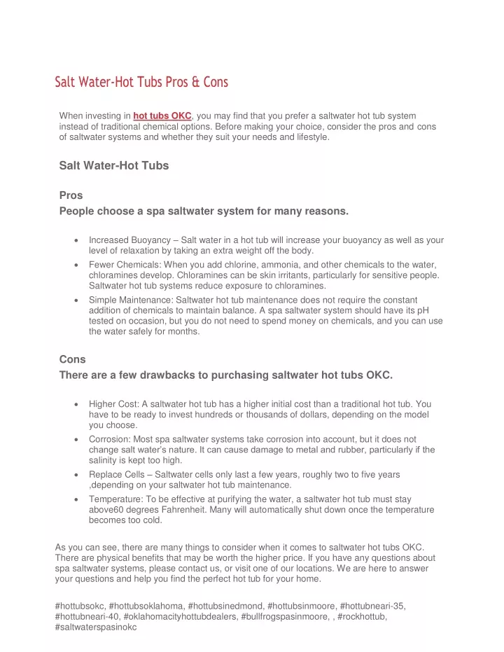 salt water hot tubs pros cons