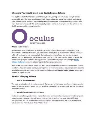 5 Reasons You Should Invest in an Equity Release Scheme