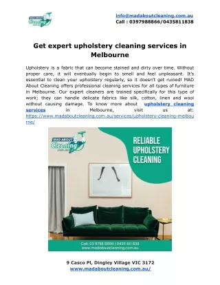 Get expert upholstery cleaning services in Melbourne