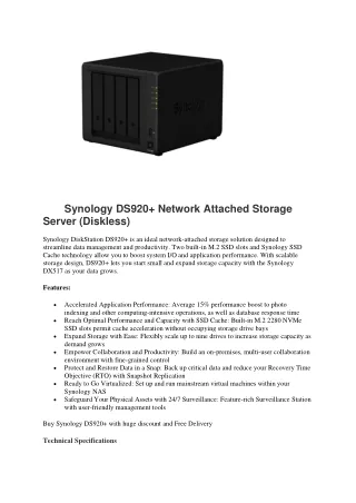 Synology DS920  Network Attached Storage Server (Diskless)