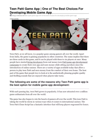 Teen Patti Game App  One Of The Best Choices For Developing Mobile Game App