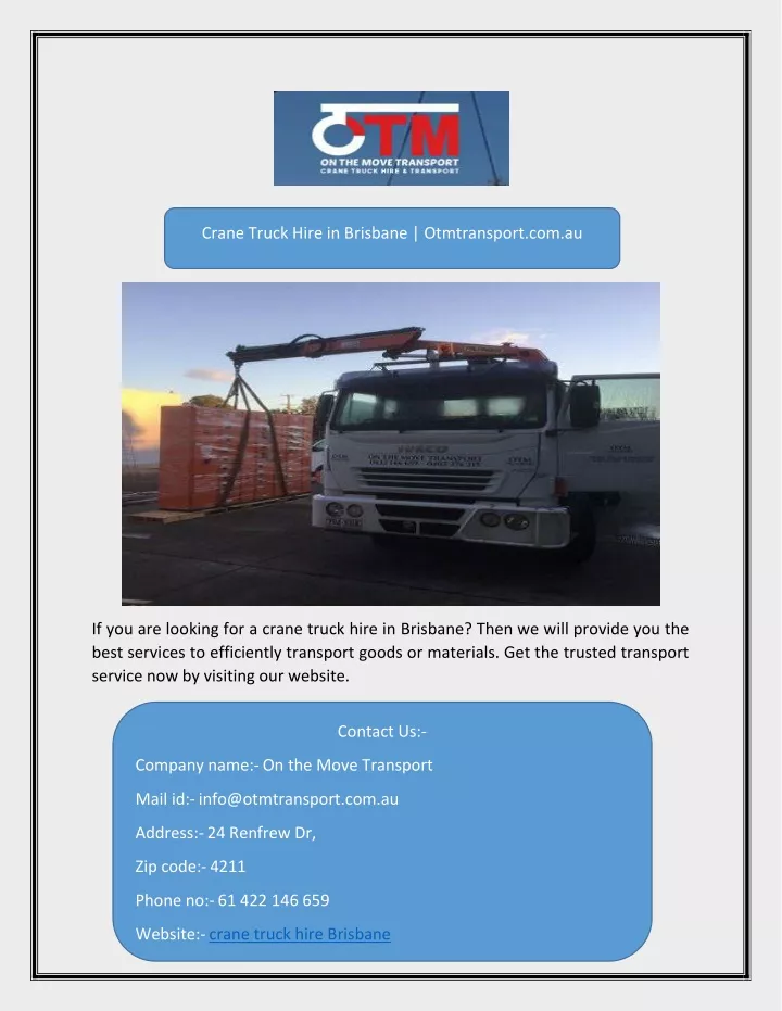 crane truck hire in brisbane otmtransport com au