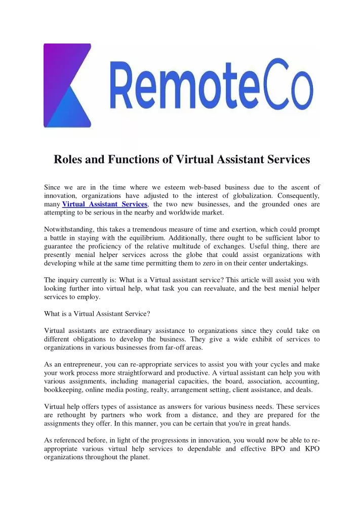 roles and functions of virtual assistant services