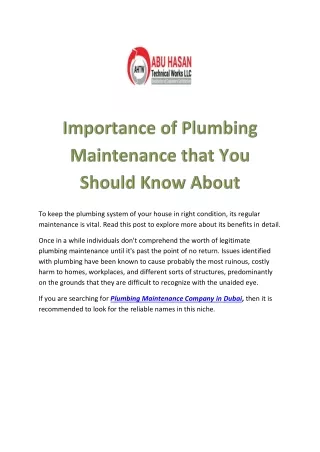 Importance of Plumbing Maintenance that You Should Know About Abu Hasan Technical Works LLC.