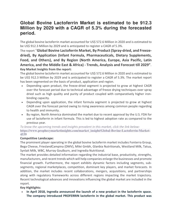 global bovine lactoferrin market is estimated