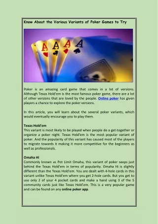 Know About the Various Variants of Poker Games to Try - MyTeamPoker