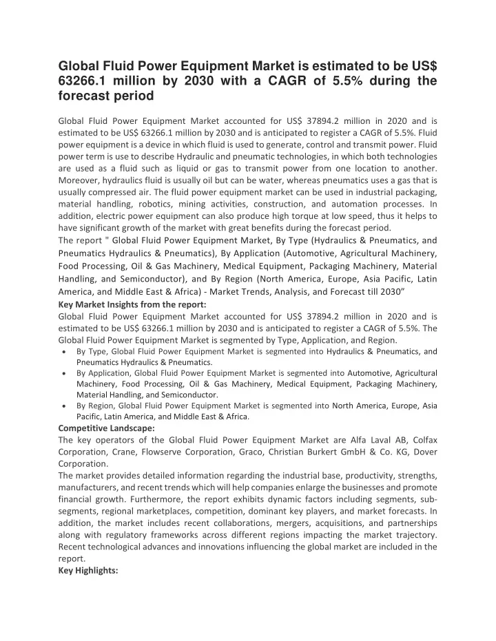 global fluid power equipment market is estimated