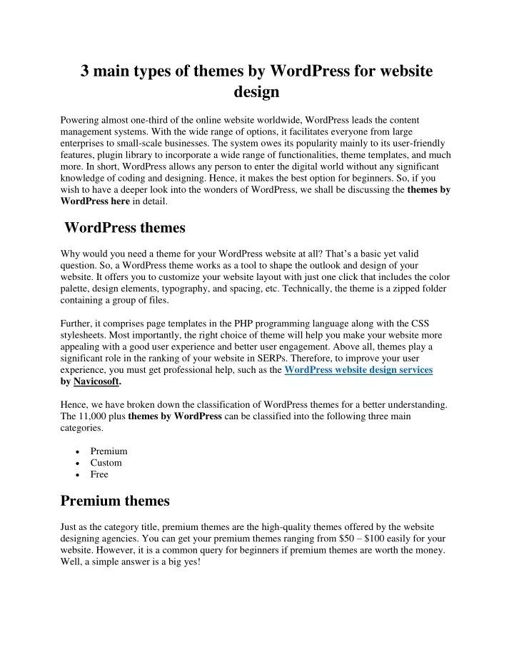 3 main types of themes by wordpress for website