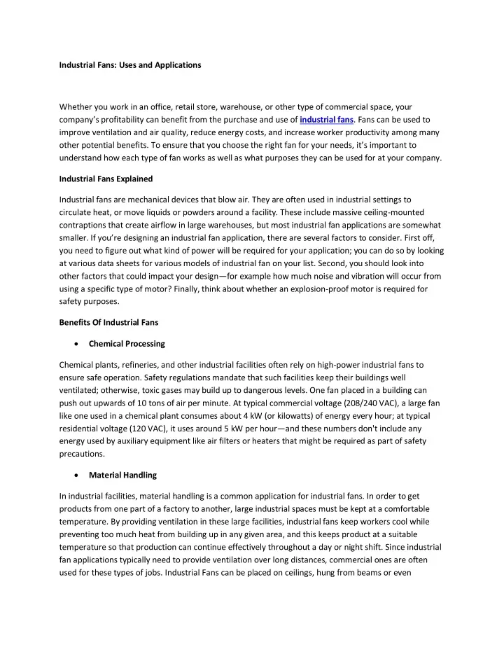industrial fans uses and applications