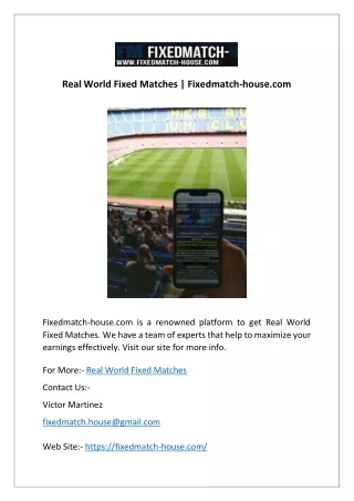 Real World Fixed Matches | Fixedmatch-house.com