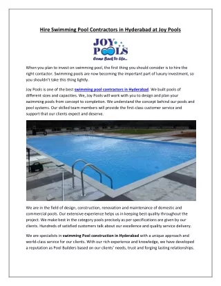 Hire Swimming Pool Contractors in Hyderabad at Joy Pools