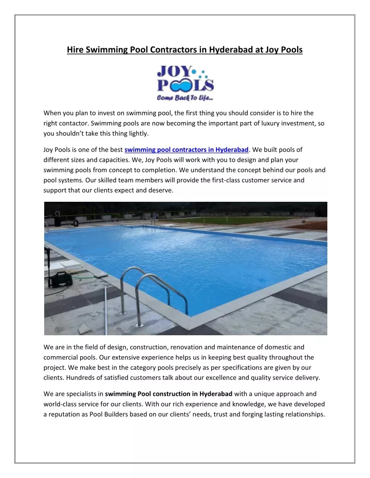 hire swimming pool contractors in hyderabad