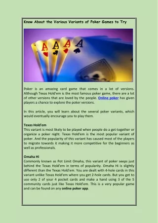 know about the various variants of poker games