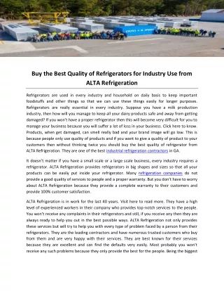 Buy the Best Quality of Refrigerators for Industry Use from ALTA Refrigeration