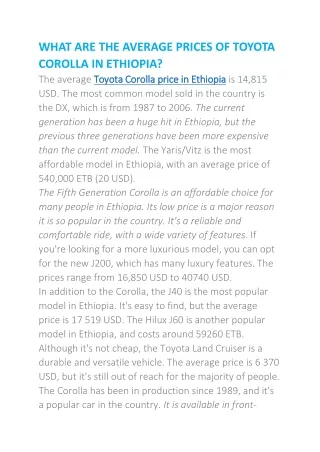 WHAT ARE THE AVERAGE PRICES OF TOYOTA COROLLA IN ETHIOPIA