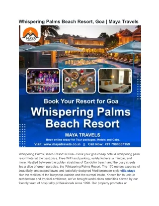 Whispering Palms Beach Resort, Goa  Maya Travels