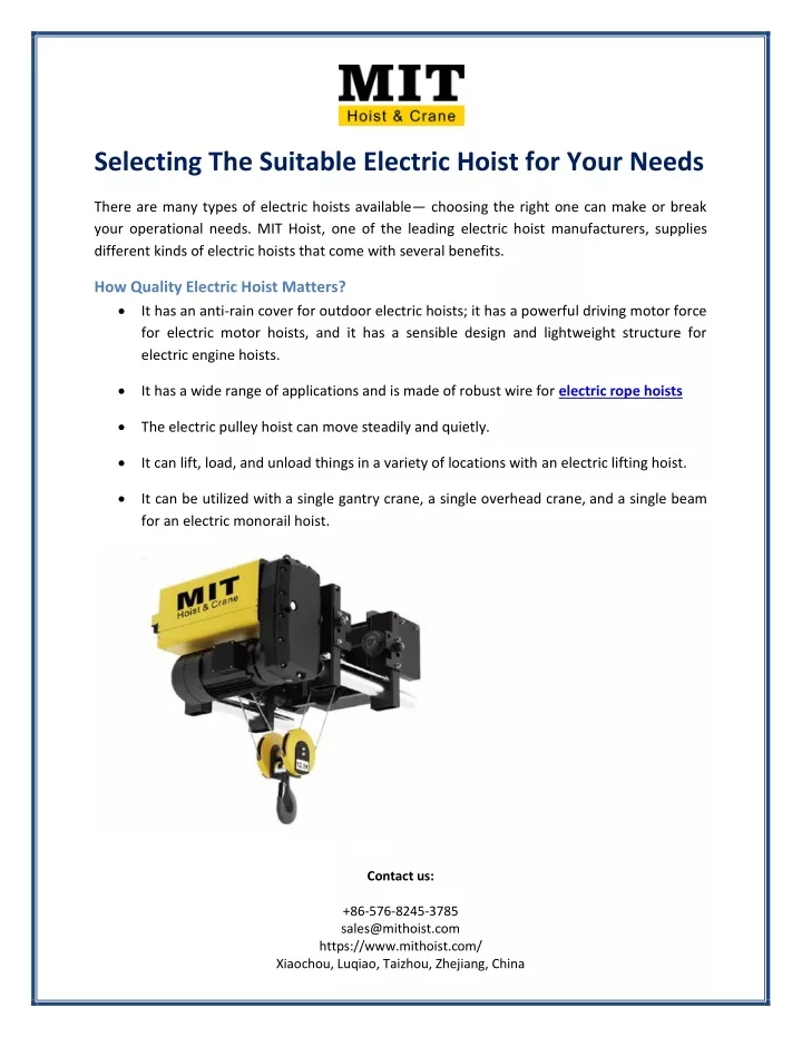 selecting the suitable electric hoist for your