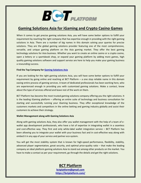 Gaming Solutions Asia for iGaming and Crypto Casino Games