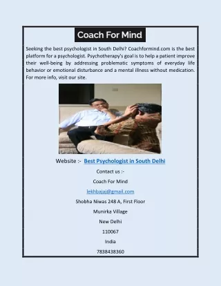 Best Psychologist in South Delhi | Coachformind.com