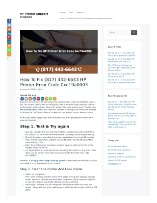 How To Fix (817) 442-6643 HP Printer Error Code 0xc19a0003