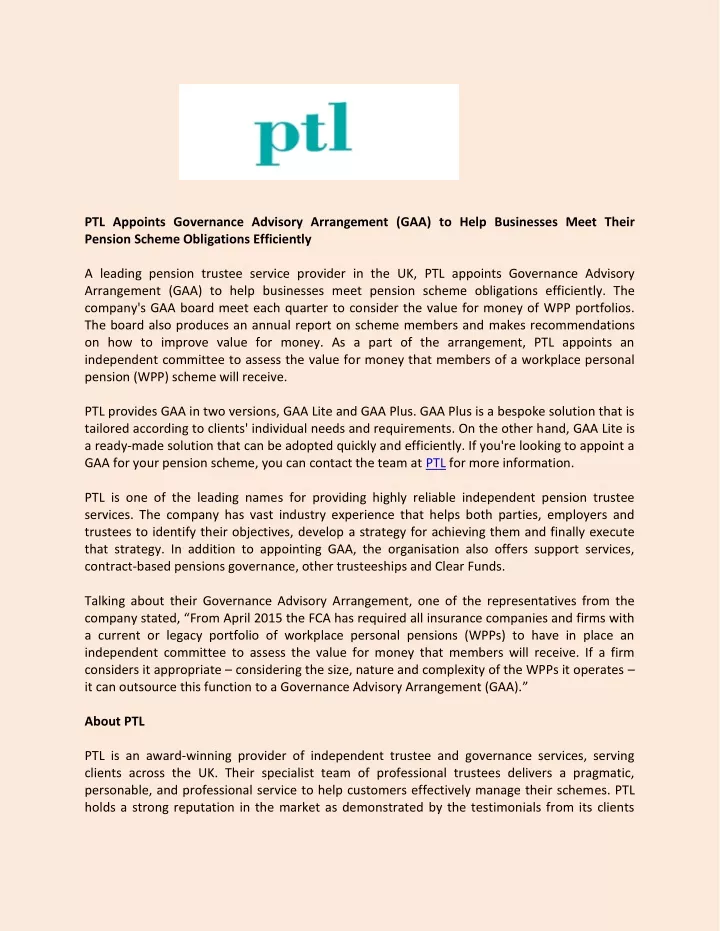 ptl appoints governance advisory arrangement