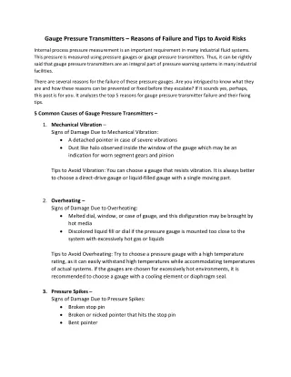 Gauge Pressure Transmitters - Reasons of Failure and Tips to Avoid Risks