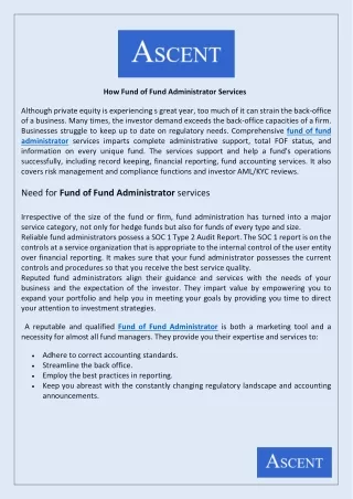 Fund of Fund Administrator Services