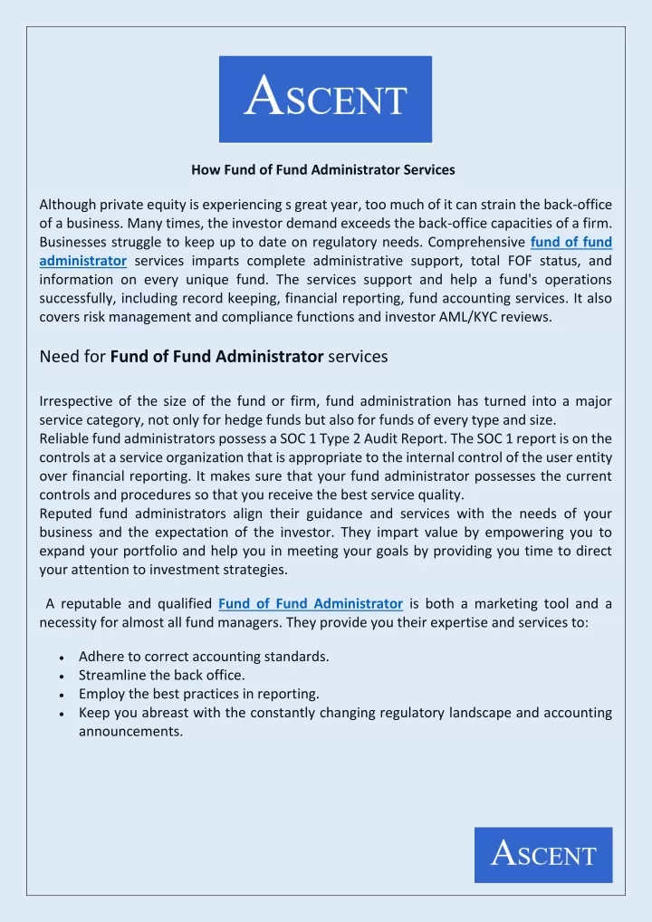 how fund of fund administrator services