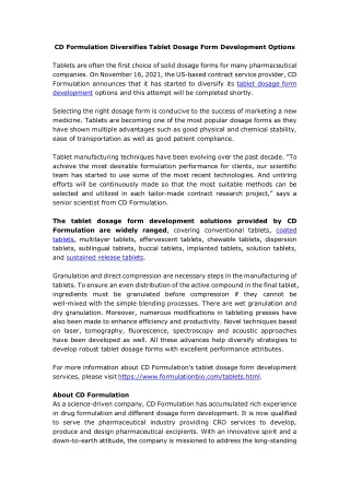 cd formulation diversifies tablet dosage form