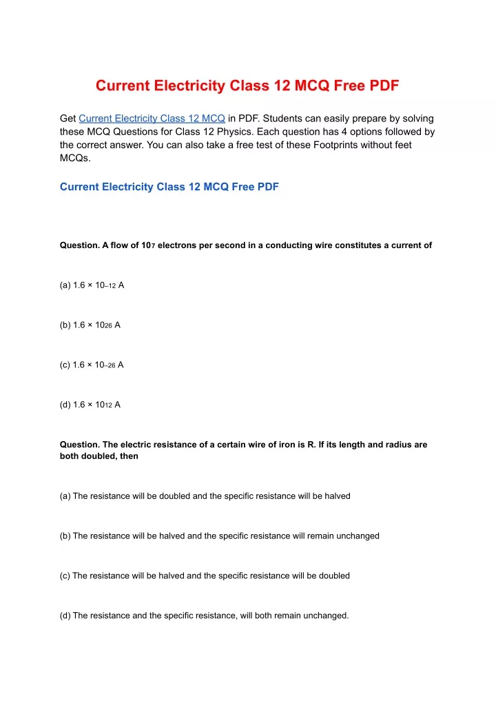 current electricity class 12 mcq free pdf