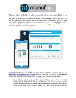 5 Factors to Keep in Mind for Selecting  Manufacturing Execution System ( MES) S