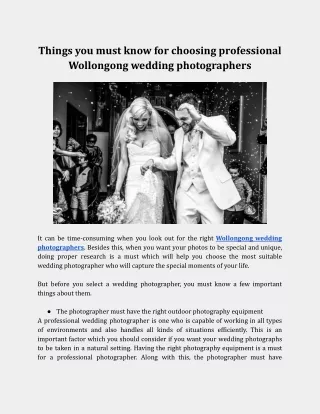 Things you must know for choosing professional Wollongong wedding photographers