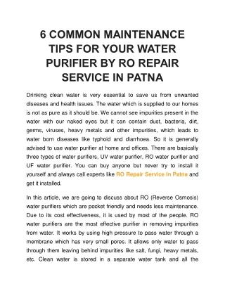 6 COMMON MAINTENANCE TIPS FOR YOUR WATER PURIFIER BY RO REPAIR SERVICE IN PATNA